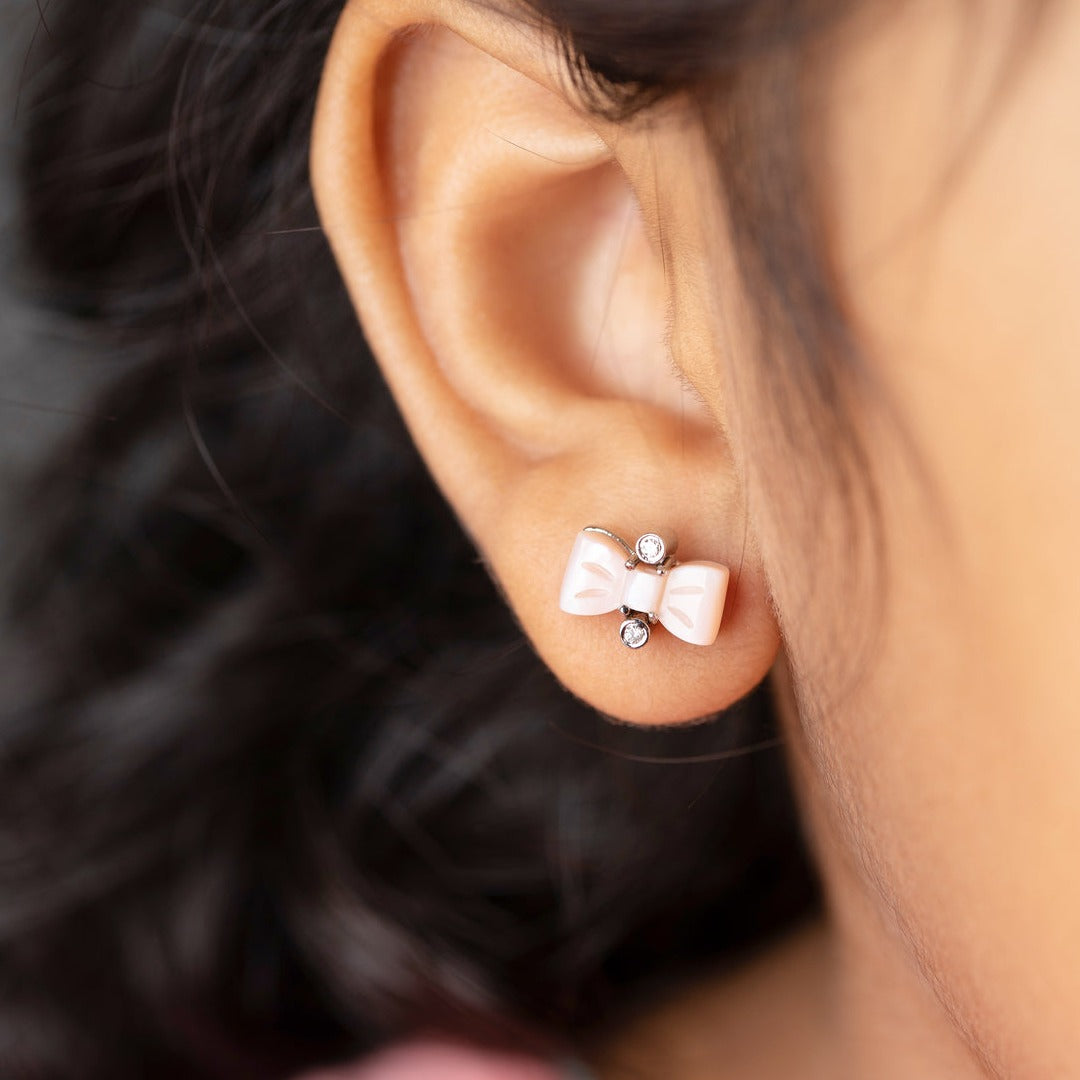 Pink Bow Silver Earrings
