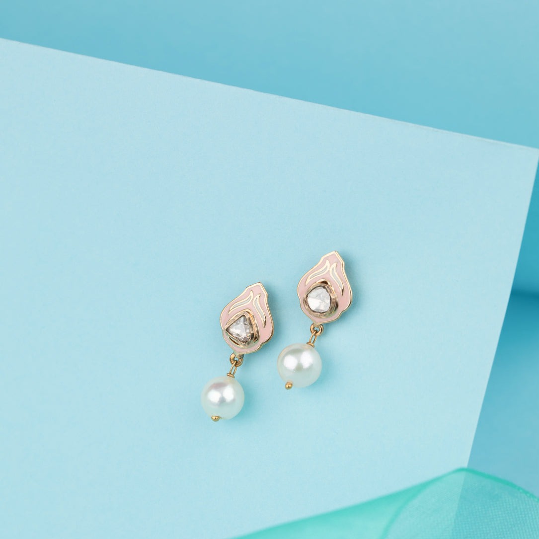 Polki Enamel With Pearl Earrings