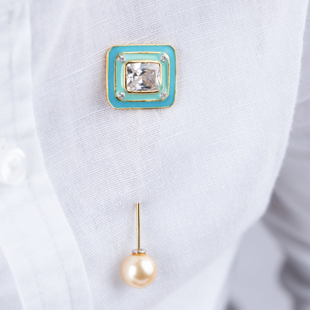 Aqua & Blue Square Silver Lapel Pin